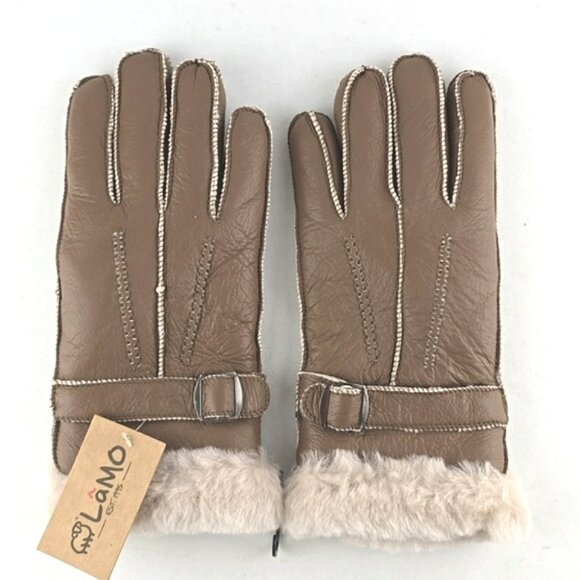 LAMO Women's 100% Australian Sheepskin Taupe Leather Gloves Stitches Size Large - Picture 2 of 11